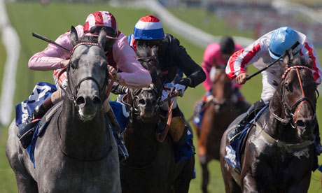 Lethal Force, ridden by Adam Kirby, wins the Darley July Cup at Newmarket